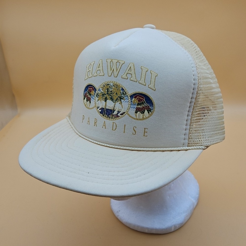 Vintage Hawaii Paradise Hat Cap Trucker Snapback Mesh Tan Beige Parrots Nissun